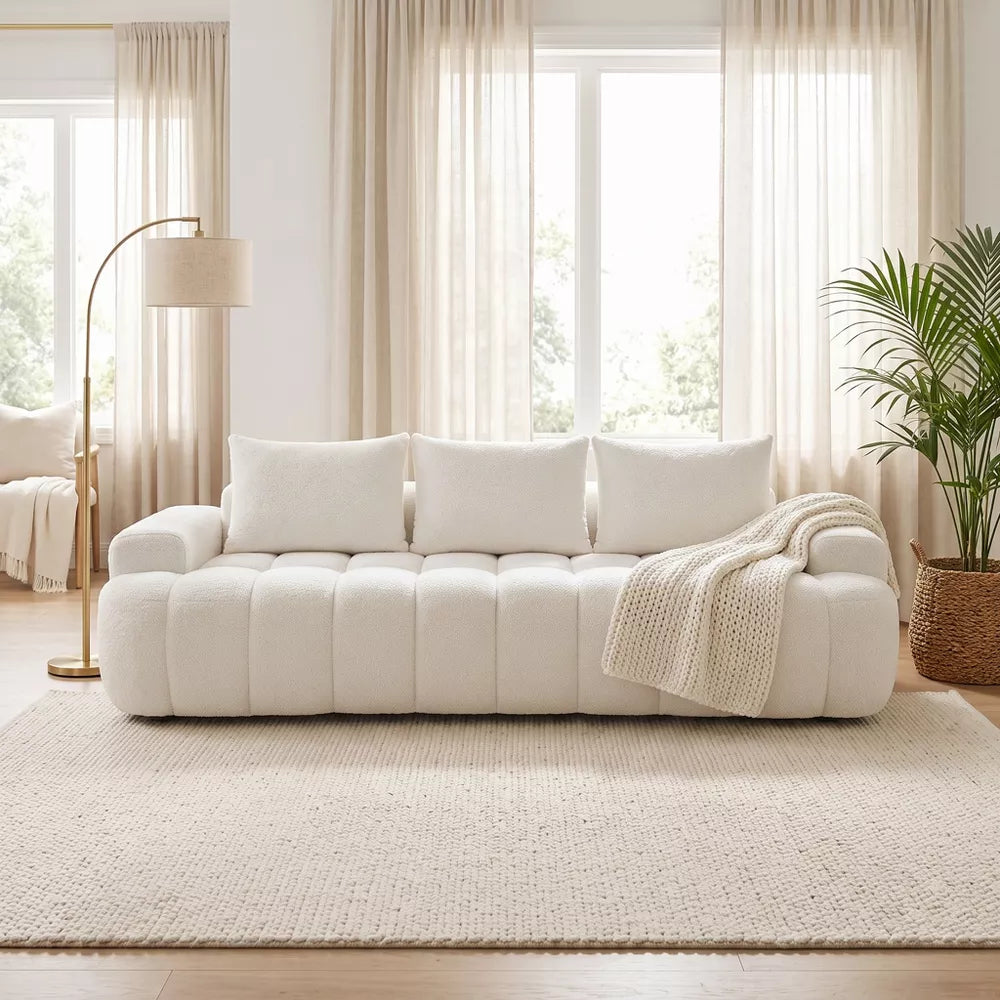 LauKingdom 100" Cloud White 3-Seat Oversized Boucle Sofa, Curved Front Compressed Sectional Couch for Modern Living Room