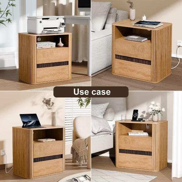 Qwatto Natural Wood Nightstand Charging Station 2 Drawers Roller Blind Design Rounded Modern Bedside Table Mid Century End Table Bedroom Storage