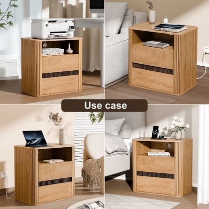 Qwatto Natural Wood Nightstand Charging Station 2 Drawers Roller Blind Design Rounded Modern Bedside Table Mid Century End Table Bedroom Storage
