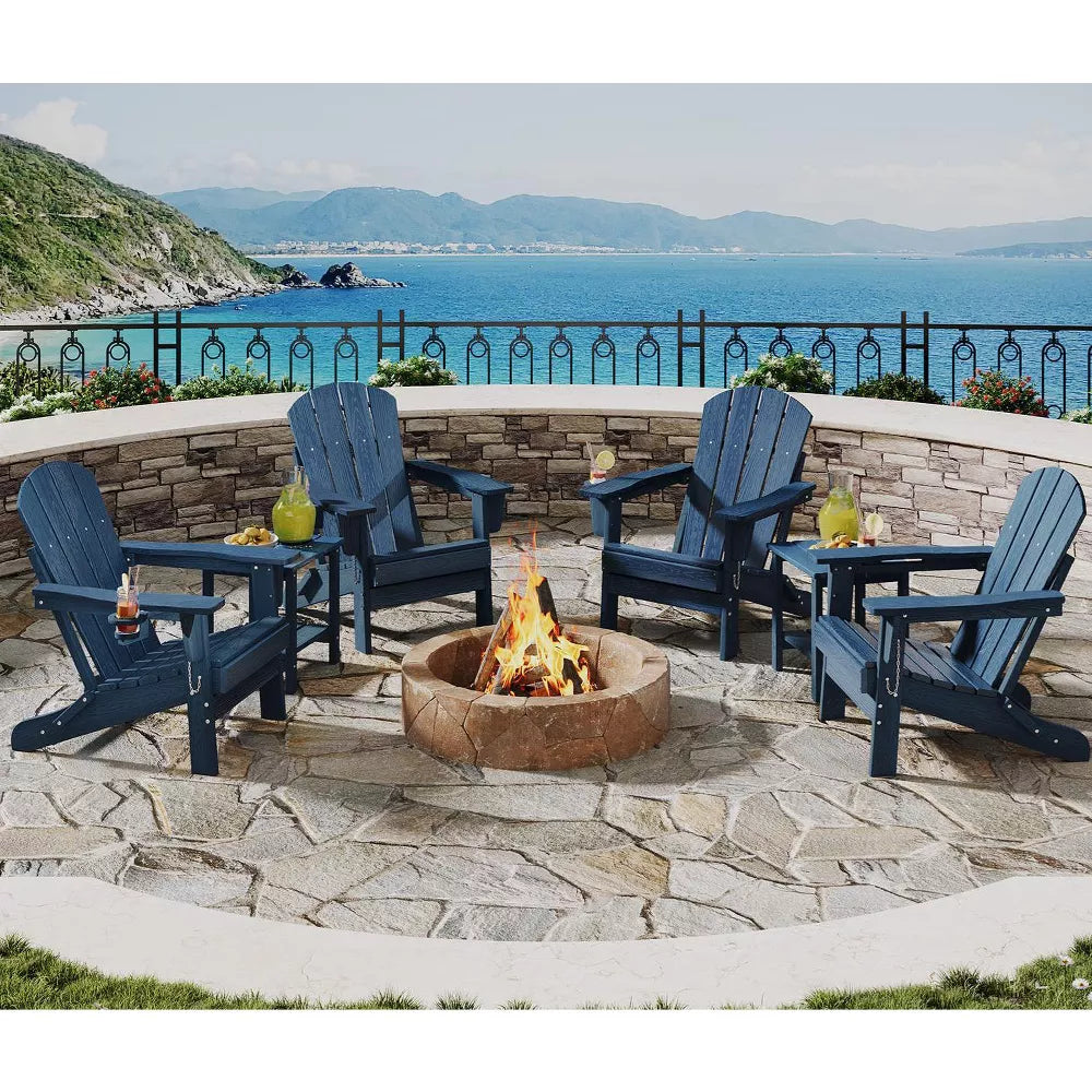 Folding Adirondack Chair Set of 2 with Side Table, All-Weather HDPE Outdoor Seating with Cup Holders for Patio, Deck & Fire Pit,Navy Blue