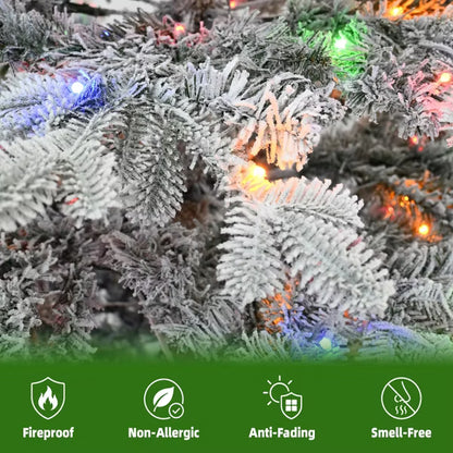 Vivatrees 7.5FT Pre-Lit Flocked Christmas Tree Artificial Xmas Snow Pine with Warm White Multi Color LED Lights Metal Base for Home Office Holiday