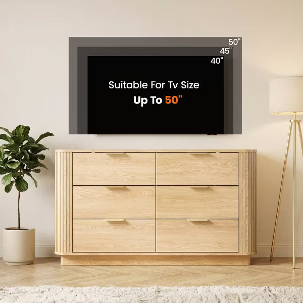 Qwatto 47" Wide Low-Profile 6 Drawer Fluted Dresser – Natural Oak Bedroom & Kids Room Storage Chest with Anti-Tip Kit