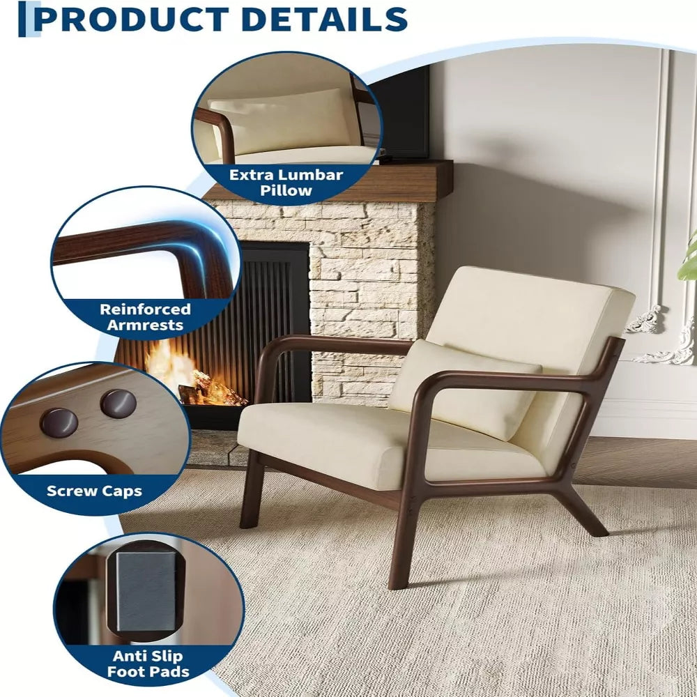 Garvee Mid-Century Modern Accent Chair – Wood Frame, Soft Corduroy/Chenille, Removable Lumbar Pillow, Lounge Chair for Living Room, Bedroom, Office