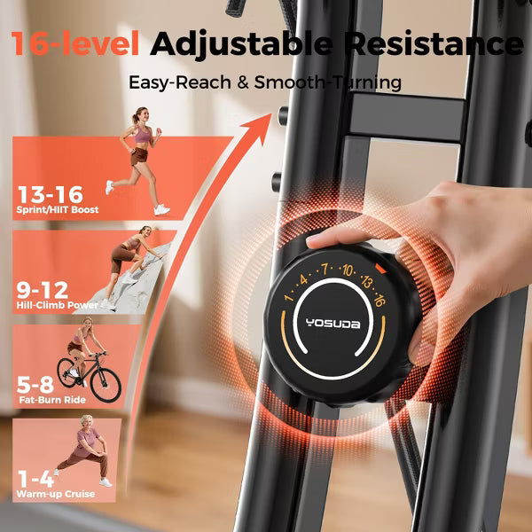 YOSUDA Series EB4 5-in-1 Folding Exercise Bike, Indoor Exercise Bicycle with 16-Level Magnetic Resistance and 380LB Capacity,Black&Orange