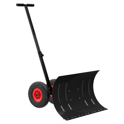 Garvee 29" W X 16.5"H Metal Snow Pusher with Wheels, Adjustable Angle & Height Handle,Single-Rod Design for Driveway & Sidewalk, Black