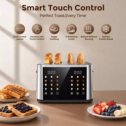 Teendow 4 Slice Toaster Stainless Steel, Extra Wide Slot Toasters 4 Slice Dual Control, 6 Shade Settings