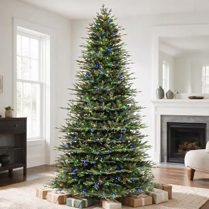 VIVATREES 9ft Prelit Artificial Christmas Tree With Dual Color 10 LED Lights Modes Metal Stand Hinged Branches Realistic Pine for Holiday