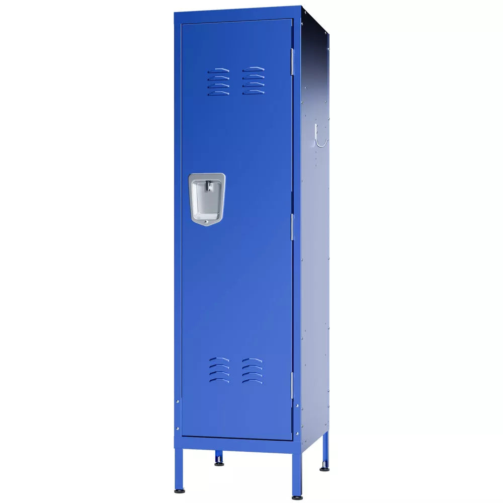 VIYET 55" Blue Metal Wardrobe Cabinet, Slim Steel Clothing Storage Locker with Lock, Ventilated Door, Side Hooks & Anti-Tip Design