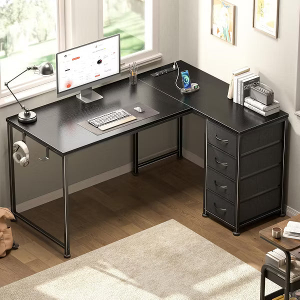 Qwatto 43" L Shaped Computer Desk with Power Outlets and USB Port Reversible Corner Gaming Desk with Storage Drawers for Home Office Study Black