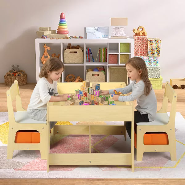 TODECARE Kids Wooden Table and 2 Chairs Set with Storage Drawers, Detachable Tabletop and Activity Surface, Natural