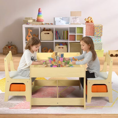 TODECARE Kids Wooden Table and 2 Chairs Set with Storage Drawers, Detachable Tabletop and Activity Surface, Natural