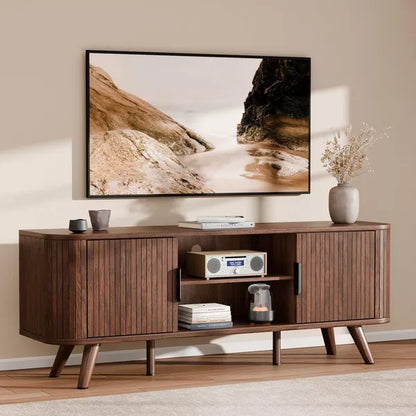 Qwatto Curved Edge TV Stand Walnut Finish Media Console for 65 Inch TV Modern Fluted Door Credenza with Storage Mid Century Living Room Furniture