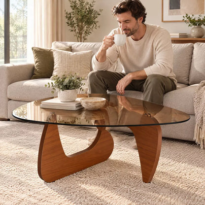 Small Farmhouse Glass Coffee Table, Mid-Century Modern Wood Center Table & Living Room Furniture for Apartment & Dorm, Rich Walnut & Amber Glass