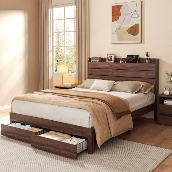 Qwatto Mid Century Modern Walnut Queen Platform Bed Frame with Storage Wood Headboard 2 Drawers Charging Station USB and Type-C No Box Spring Needed