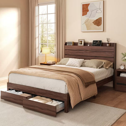 Qwatto Mid Century Modern Walnut Queen Platform Bed Frame with Storage Wood Headboard 2 Drawers Charging Station USB and Type-C No Box Spring Needed