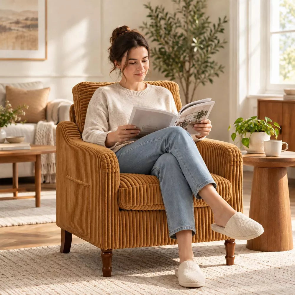 Accent Chair with Solid Wood Legs, Mid-Century Modern Upholstered Reading Chair, Scooped Armchair for Living Room, Bedroom, Apartment, khaki