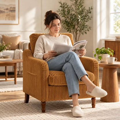 Accent Chair with Solid Wood Legs, Mid-Century Modern Upholstered Reading Chair, Scooped Armchair for Living Room, Bedroom, Apartment, khaki