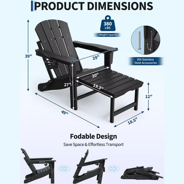 Folding Adirondack Rocking Chair with Retractable Ottoman, HDPE Wooden Textured Rocker with Cup Holder for Patio, Deck, Garden & Fire Pit,Black
