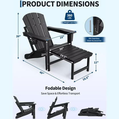 Folding Adirondack Rocking Chair with Retractable Ottoman, HDPE Wooden Textured Rocker with Cup Holder for Patio, Deck, Garden & Fire Pit,Black