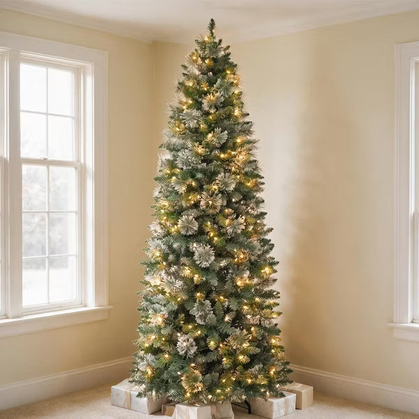 VIVATREES 6ft Prelit Christmas Tree Artificial Pine Needles Pencil Warm White LED Lights Metal Stand Hinged Branches for Holiday Decor