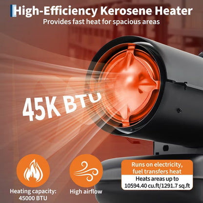 45000 BTU Dual Fuel Kerosene/Fuel Forced Air Heater with Thermostat for Workshops, Warehouses & Construction Sites, Black