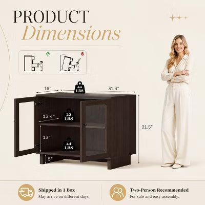 AMERLIFE 31.3" Glass Door Storage Cabinet with Adjustable Shelf, Walnut