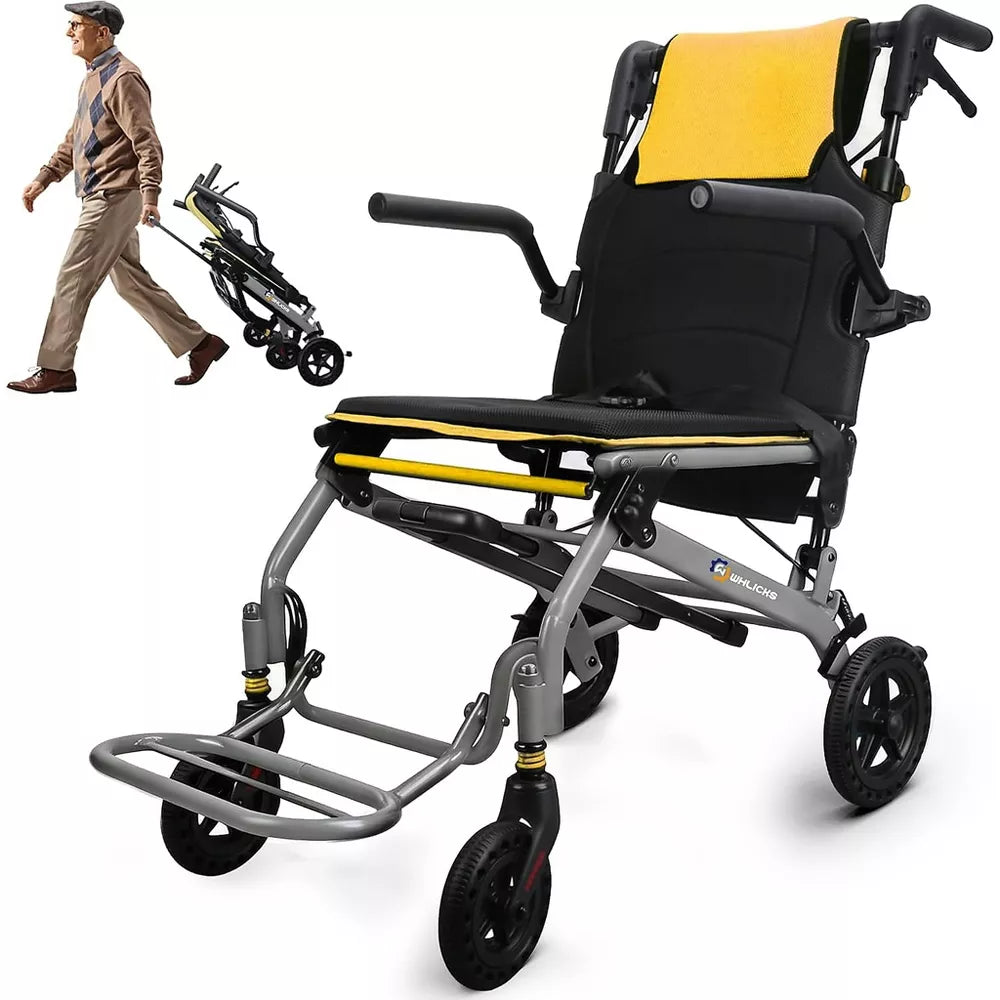WHLICKS 17" Lightweight Foldable Transport Wheelchair for Adults & Seniors, Portable Travel Chair with Telescopic Handle, 350 lb Capacity, Yellow