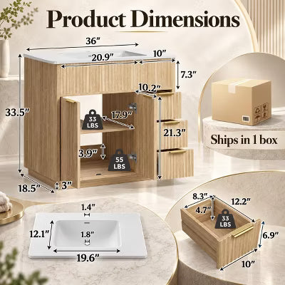 AMERLIFE 36" Bathroom Vanity with Integrated Sink, 3 Drawers and Fluted Front, Natural Oak