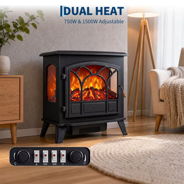 Garvee Three-Sided Window Electric Fireplace Heater, 2-Stage Adjustable Flame, Thermostat Control, Iron+Glass+Plastic, Cozy Home & Kitchen Heating