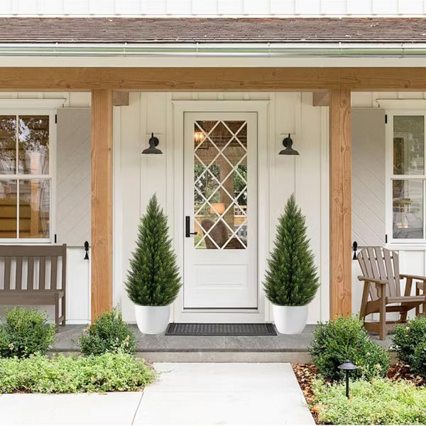 ROMSWI 2 Pack 3ft Artificial Cedar Topiary Trees UV Resistant Evergreen Fake Cypress Pine for Indoor Outdoor Porch Entryway Decor Black Pot