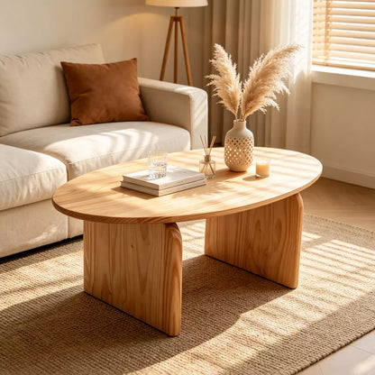 Modern Oval Coffee Table Solid Pine Wood Natural Finish Curved Legs Center Table for Living Room Apartment Small Spaces Home Office