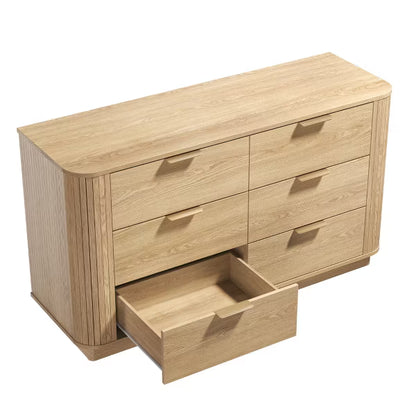 Qwatto 47" Wide Low-Profile 6 Drawer Fluted Dresser – Natural Oak Bedroom & Kids Room Storage Chest with Anti-Tip Kit