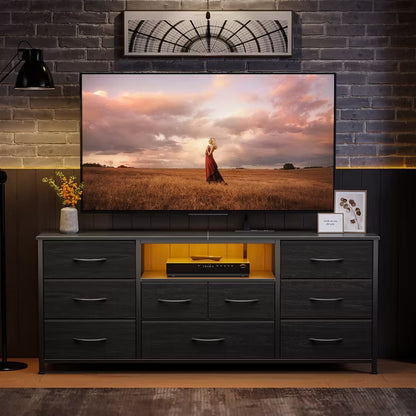 Qwatto 55'' Black TV Stand Dresser 9 Drawers With Charging Station LED Media Console For TVs Up To 65 Inch Bedroom Storage Chest Wood Entertainment