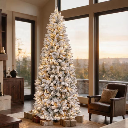 VIVATREES 7.5ft Prelit Artificial Christmas Tree Slim Snow-Flocked with Dual Color Featuring 10 Lighting Modes Metal Stand Hinged Holiday Pine