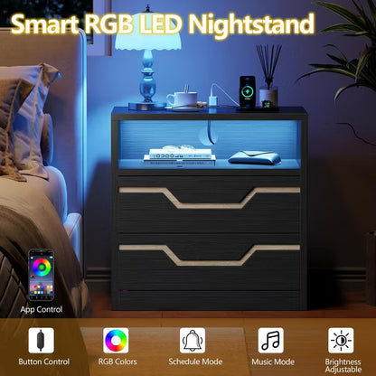Qwatto Black Modern 2 Drawer Nightstand with Charging Station USB Ports LED Light Wood Bedside Table Small Dresser End Table for Bedroom Small Space