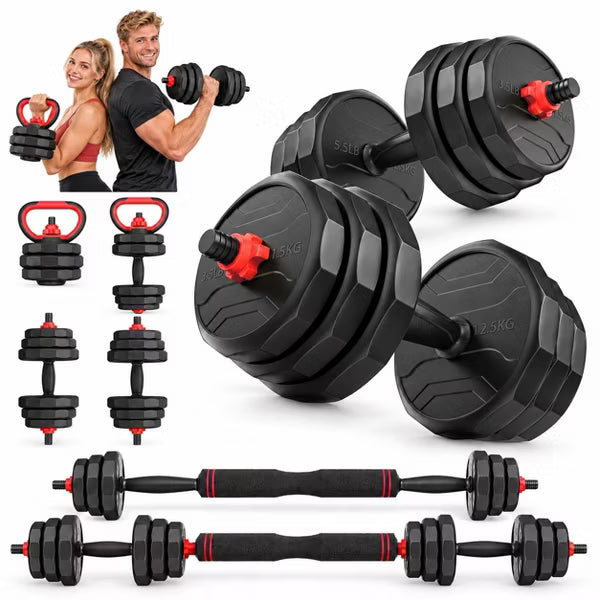 FED FITNESS 55LBS Adjustable Dumbbell Set, 5-in-1 Free Weights with Barbell Connector,Kettlebell, Push-Up Stand & Weight Plates for Home Gym Workouts