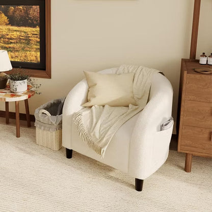 Boucle Barrel Accent Chair, Upholstered Club Chair for Living Room Bedroom, White