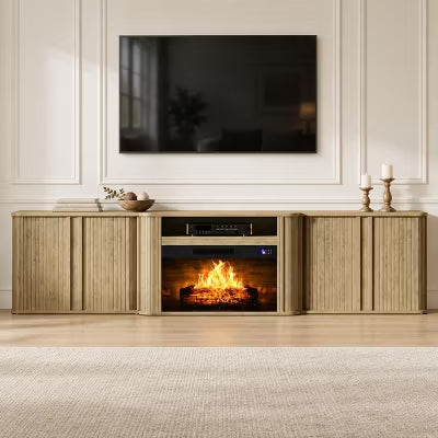 AMERLIFE 97" Fluted Fireplace TV Stand with Sliding Doors and Adjustable Storage, Oak