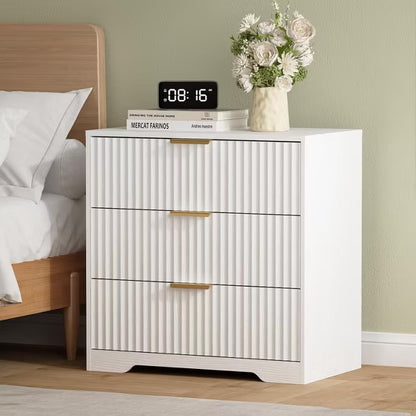 Qwatto 27'' Wide White Nightstand 3 Drawers Modern Fluted Wood Bedside Table Large Storage Accent Cabinet Dresser For Bedroom Living Room Home