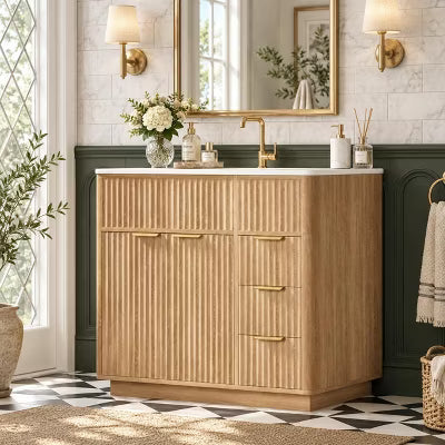 AMERLIFE 36" Bathroom Vanity with Integrated Sink, 3 Drawers and Fluted Front, Natural Oak