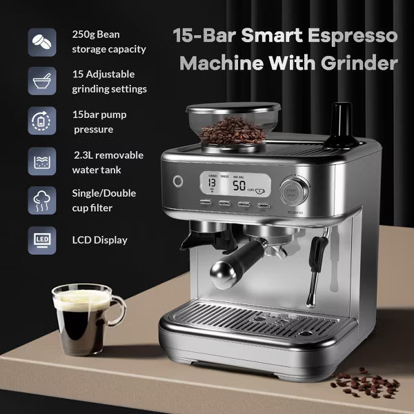 Garvee Espresso Machine, 15-Bar Pump Coffee Maker, High Power Milk Frother, Digital LCD, Stainless Steel