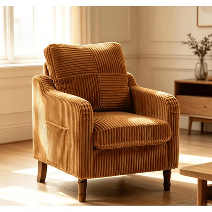 Accent Chair with Solid Wood Legs, Mid-Century Modern Upholstered Reading Chair, Scooped Armchair for Living Room, Bedroom, Apartment, khaki