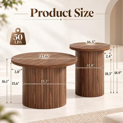 AMERLIFE 2-Piece Round Nesting Coffee Table Set with Fluted Pedestal Base, Walnut