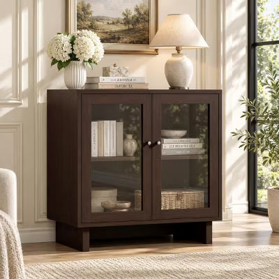 AMERLIFE 31.3" Glass Door Storage Cabinet with Adjustable Shelf, Walnut