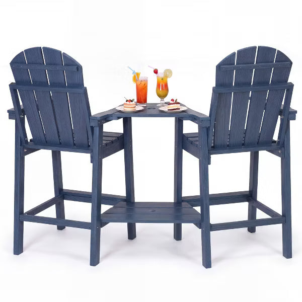 Tall Adirondack Chairs with Double Connecting Trays, HDPE Outdoor High Top Table and Chairs, All-weather waterproof chair, Blue