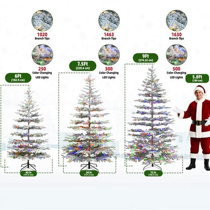 Vivatrees 9FT Pre-Lit Flocked Christmas Tree Artificial Xmas Snow Pine with Warm White Multi Color LED Lights Metal Base for Home Office Holiday