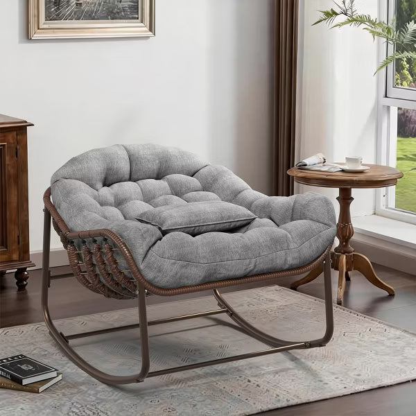 Papasan Rocking Chair, Outdoor Egg Lounge Chair with Cushion & Metal Frame, Oversized Wicker Rocker with Metal Frame for Garden, Living Room, Gray