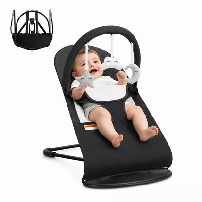Baby Rocker and Stationary Seat, Foldable 2-in-1 Bouncer with Recline and Toy Bar,Dark Grey