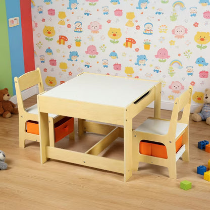 TODECARE Kids Wooden Table and 2 Chairs Set with Storage Drawers, Detachable Tabletop and Activity Surface, Natural