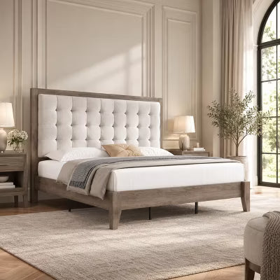 AMERLIFE Queen Solid Wood Platform Bed with 50" Tufted Wingback Headboard, Ash Gray